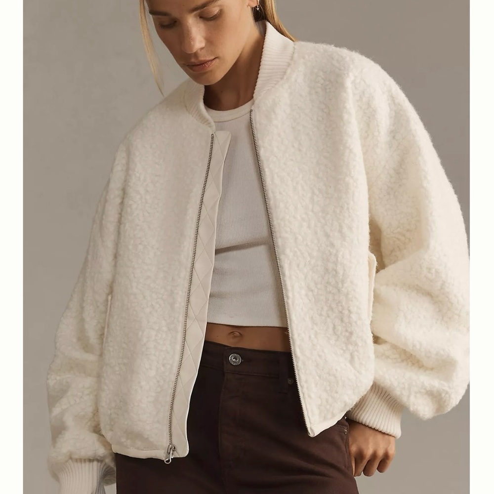 New with Tags Anthropologie Sherpa Teddy Fleece Bomber Jacket size L Large